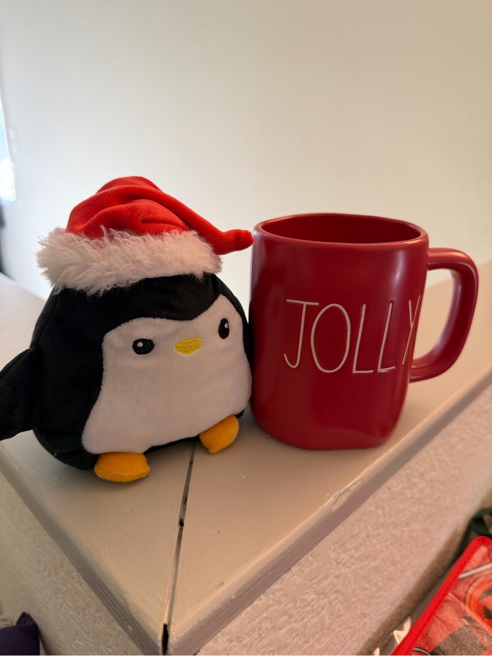 Rae Dunn Holiday Jolly Red Ceramic Mug & Christmas Penguin plushie bundle